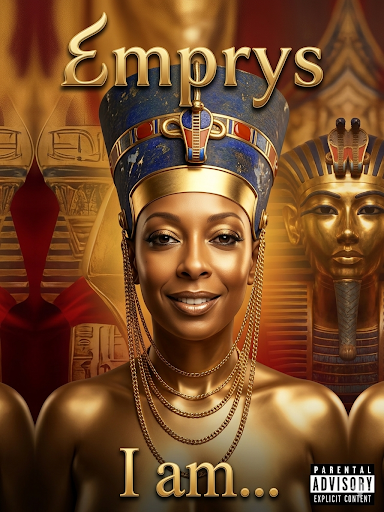 Portrait of Empress Nuk as a regal Egyptian empress in a blue and gold crown