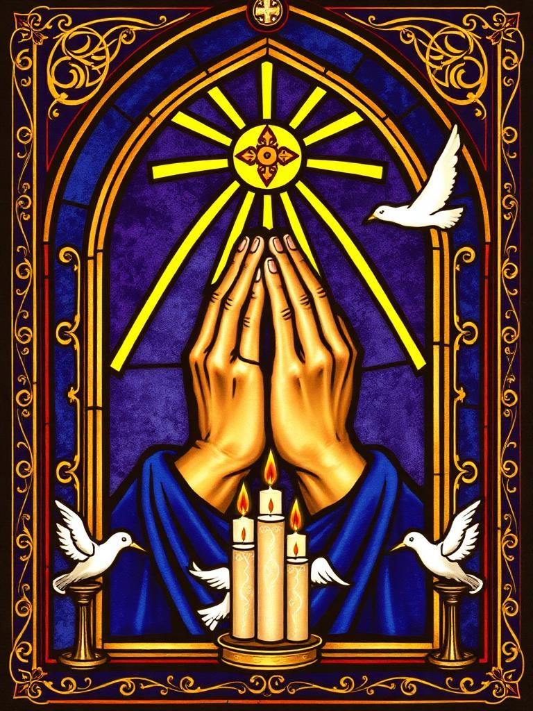 Stained-glass panel of praying hands with doves and candles