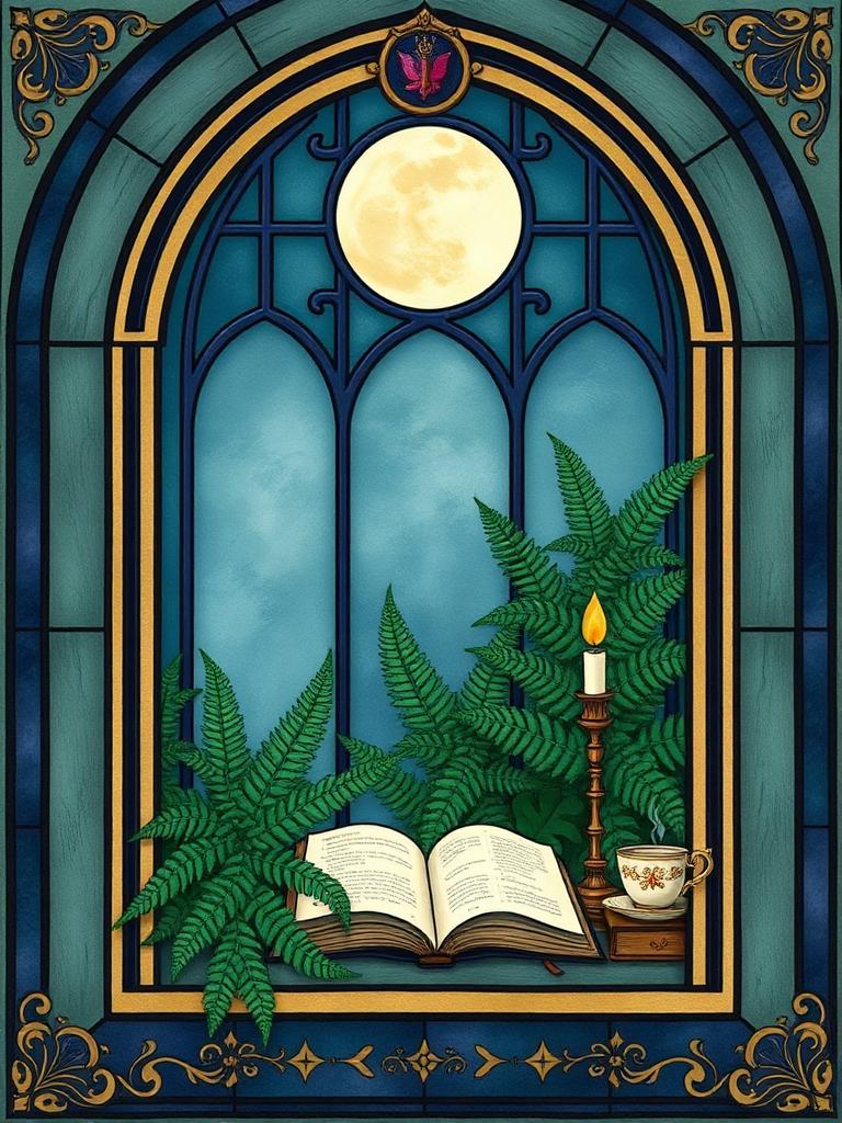 Stained-glass panel of a moonlit window with ferns, journal and tea